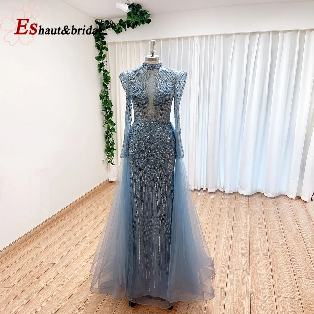 Elegant Muslim Evening Dress for Women 2024 Luxury Dubai High Neck Long Sleeves Beads Formal Prom Wedding Party Gowns Customized