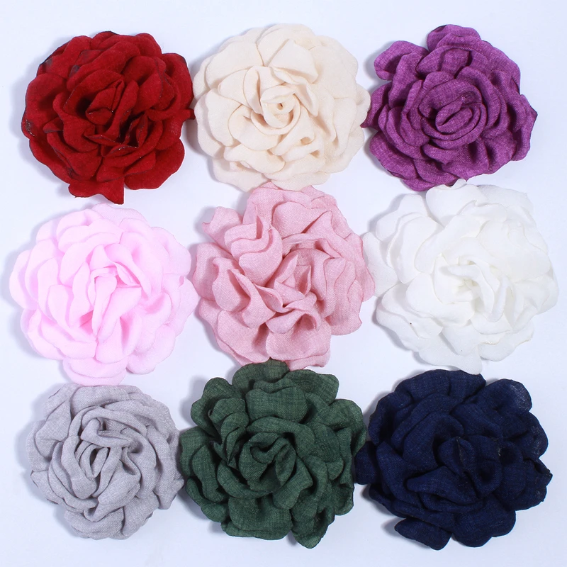 

50PCS 8CM 3inch Fashion Korea Hemp Burned Fabric Flowers For Hair Clips Lovely Camellia Blossom Flower For Headband U Pick Color