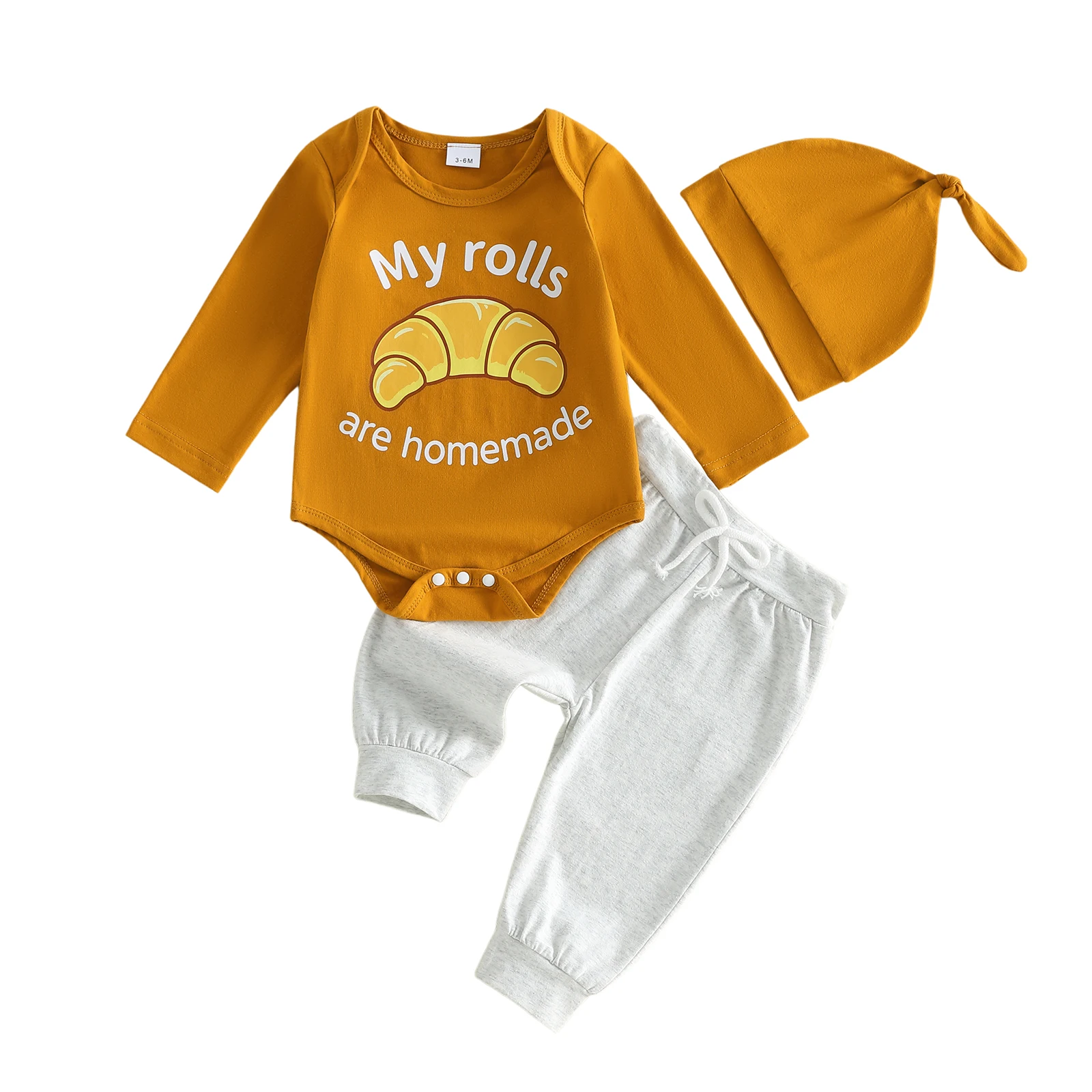 Baby Boys 3Pcs Fall Outfits Long Sleeve Croissant Print Romper with Pants Hat Set Newborn Clothes