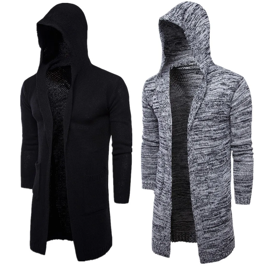 Men\'s Hooded Knitted SweaterX-Long Sweater Knit Sweater Jackets Solid Color Sweatercoat