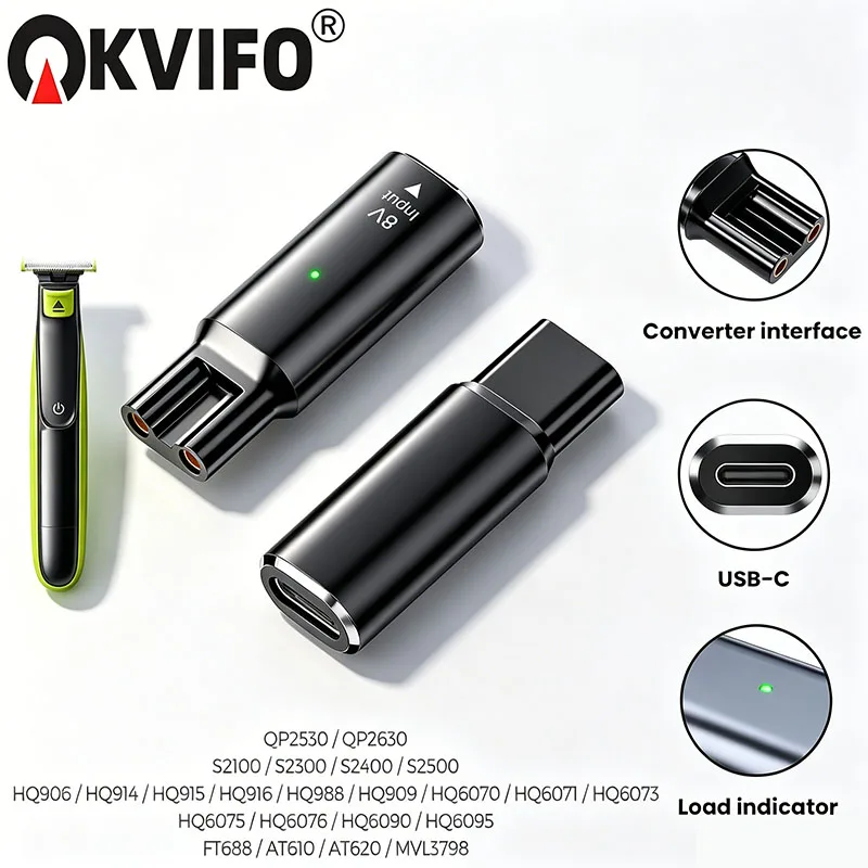 KVIFO 8V HQ850 Type-C Electric Shaver Charger Adapter Charging Converter for Philips Norelco Oneblade QP2630 QP2530