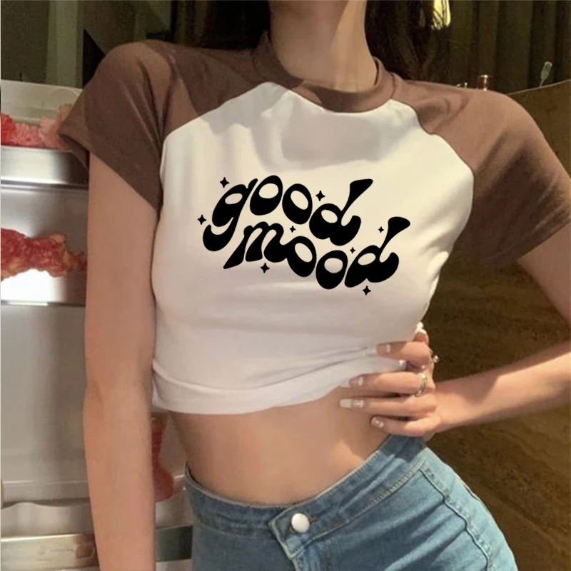 Good Mood Y 2k Baby Tee Retro Fashion o-collo Tee donna crop, manica corta donna Sexy Cropped Top t-shirt corta da donna