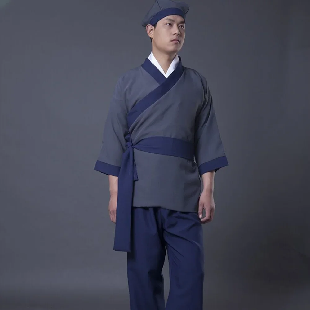 Ancient Teahouse Workers Clothing Old Chinese Manservant Scholars Costume Vintage Men Women Servant Cleaning Cosplay Hanfu Set