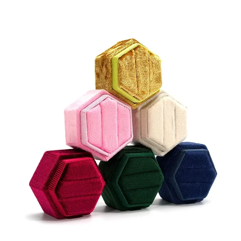 Hexagon Shape Velvet Jewelry Box Double Ring Storage Box Woman Gift Earrings Package Case Wedding Ring Display Packaging Box