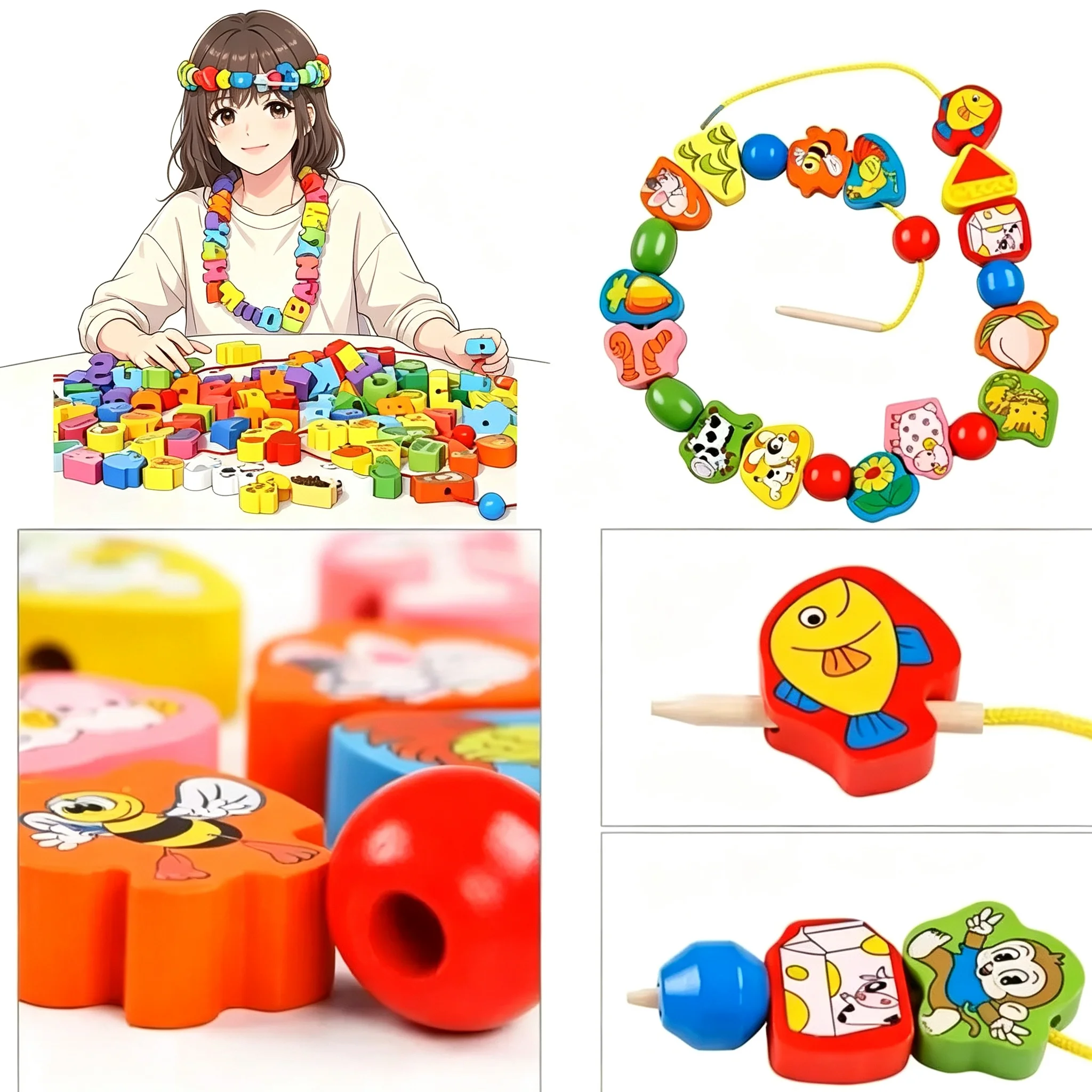 Monterssori DIY Wooden Toys Cartoon Fruit Animal Stringing Threading Wooden Beads Educational Toys for Christmas Gift