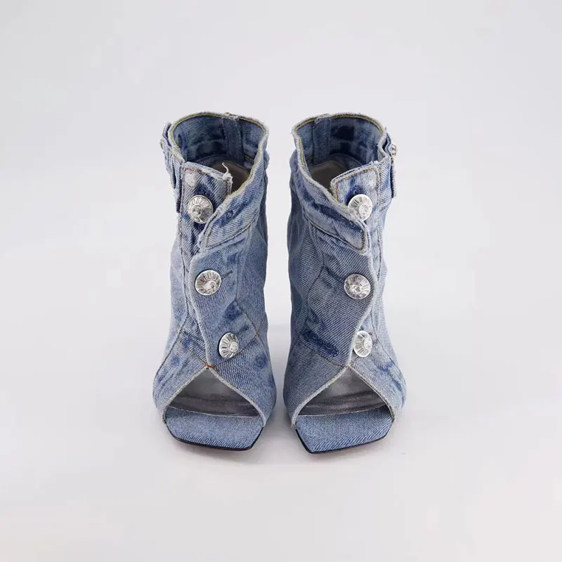 Women\'s Square Head Fish Mouth Open Toe Ultra High Heel Denim Personalized Button Decoration and Ankle Short Boots