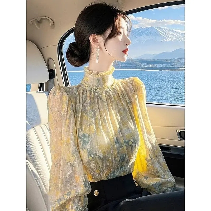 

Elegant Yellow Printed Stand-up Collar Top New Unique Beautiful French Style