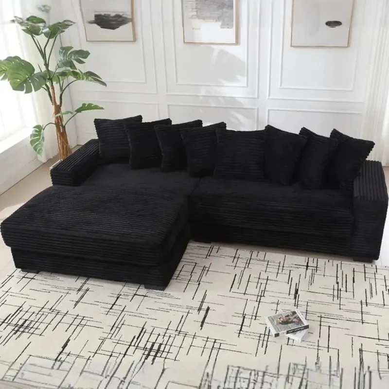 

Extra-Wide L-Shaped Corduroy Sectional Sofa with Left Chaise Daybed, Black, for Office, Bedroom, Lounge