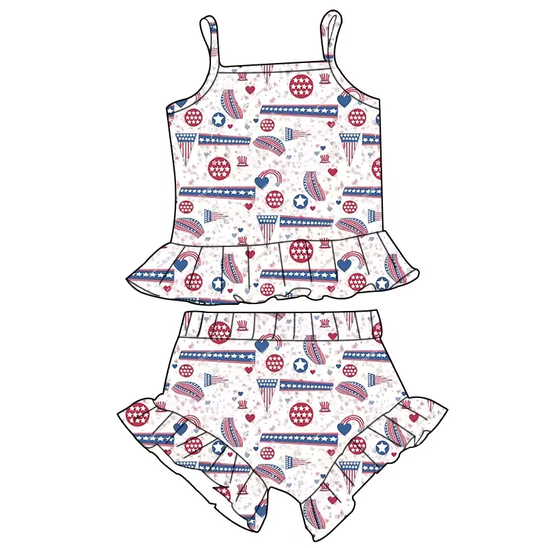 Hot Selling Summer Little Girls Casual Ruffled Independence Day 2-Piece Set Toddler Girls 4th of July Outfit for Holiday