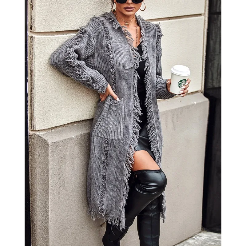 

2023 Autumn Winter New Women's Clothing Fashion Polo Collar Tassel Long Knitted Coat