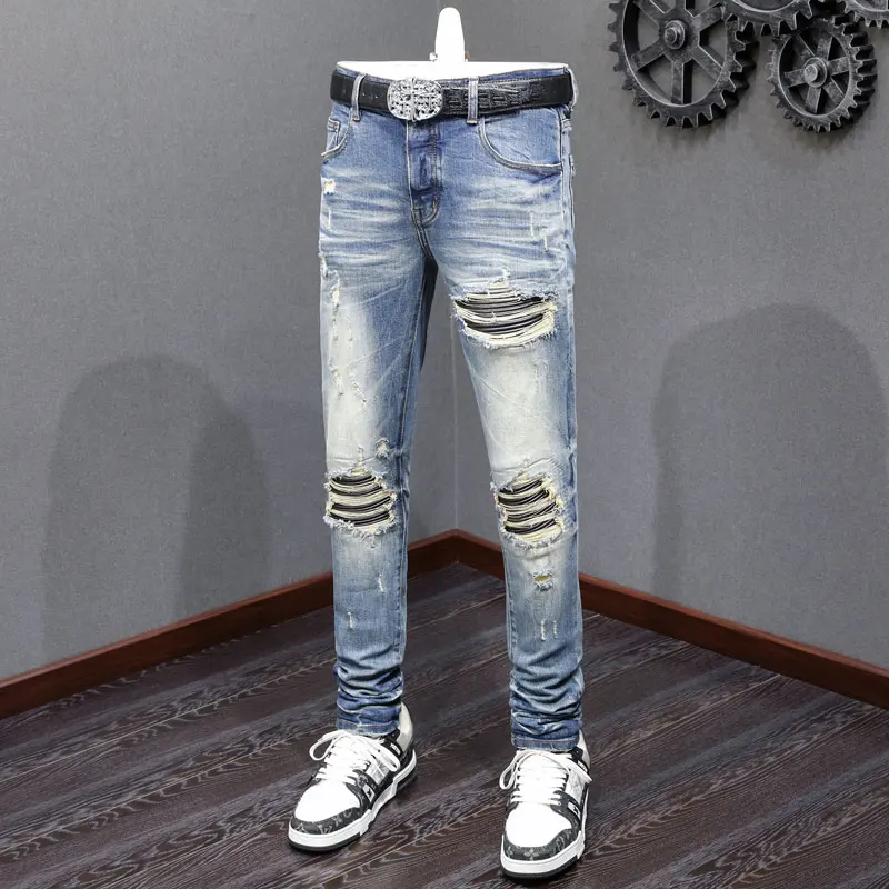 

Designer High Street Fashion Men's Light Blue Jeans Retro Stretch Slim Fit Patched Jeans Men's Hip Hop Brand High Quality Light