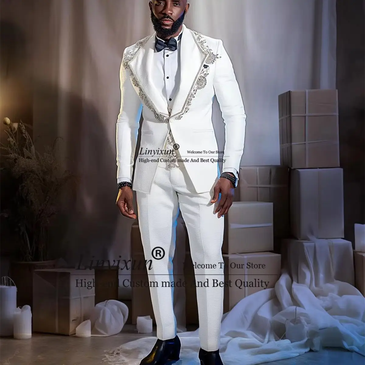 

Customized Beaded Men Suits White 3 Pieces Sets Wedding Groom Tuxedos Luxury Business Male Prom Blazers Slim Fit Costume Homme