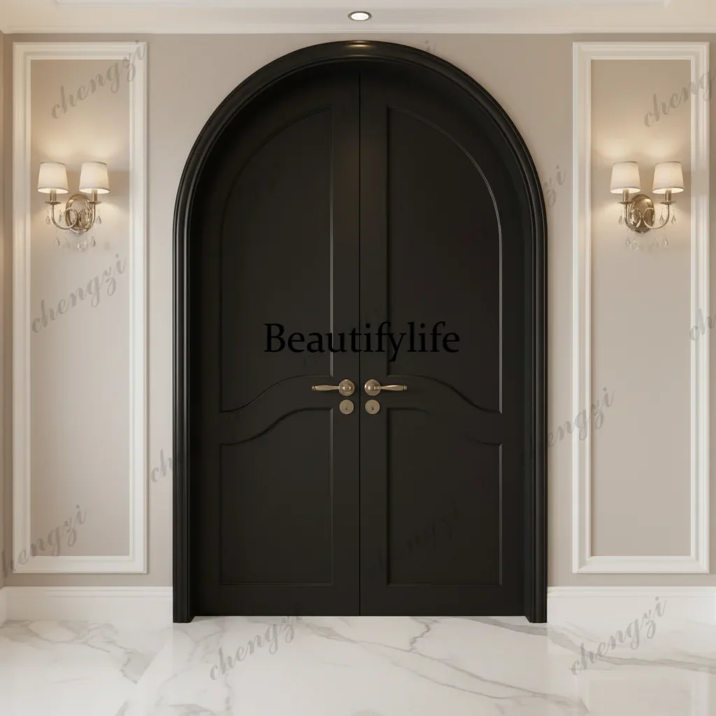 K153  Customization Modern Double French Retro Slab Door Arc Arched Black Solid Wood Composite Waterproof For Bedroom Use Finish
