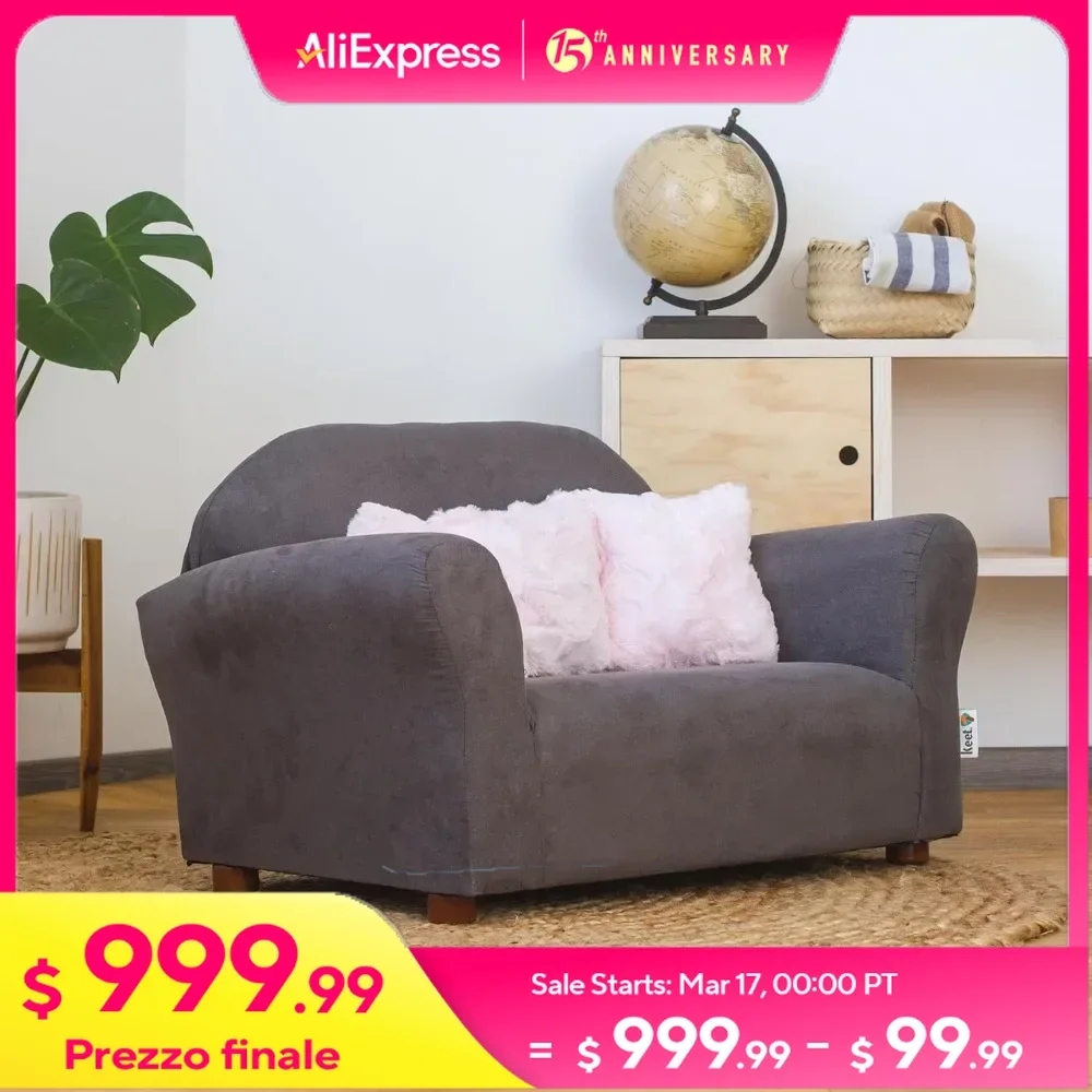 Children's Sofas, Plush Childrens Sofa with Accent Pillows, Charcoal/Pink, Strong Wood Frame Covered with High Density Foam