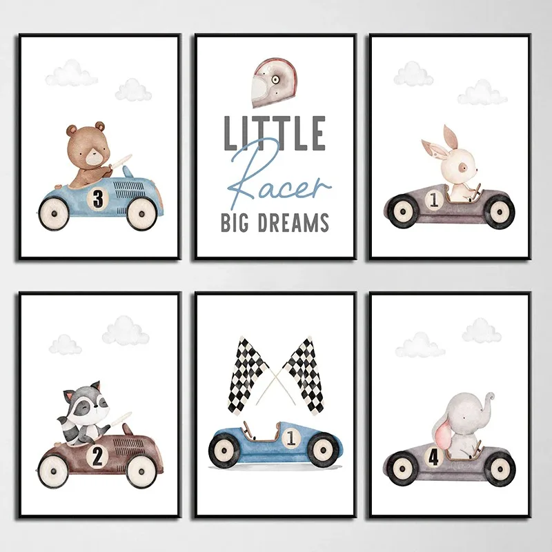 1pc frameless Canvas Painting Vintage Racing Cars Animals Rabbit Bear Elephant Poster Print Canvas Painting Playroom Wall Art