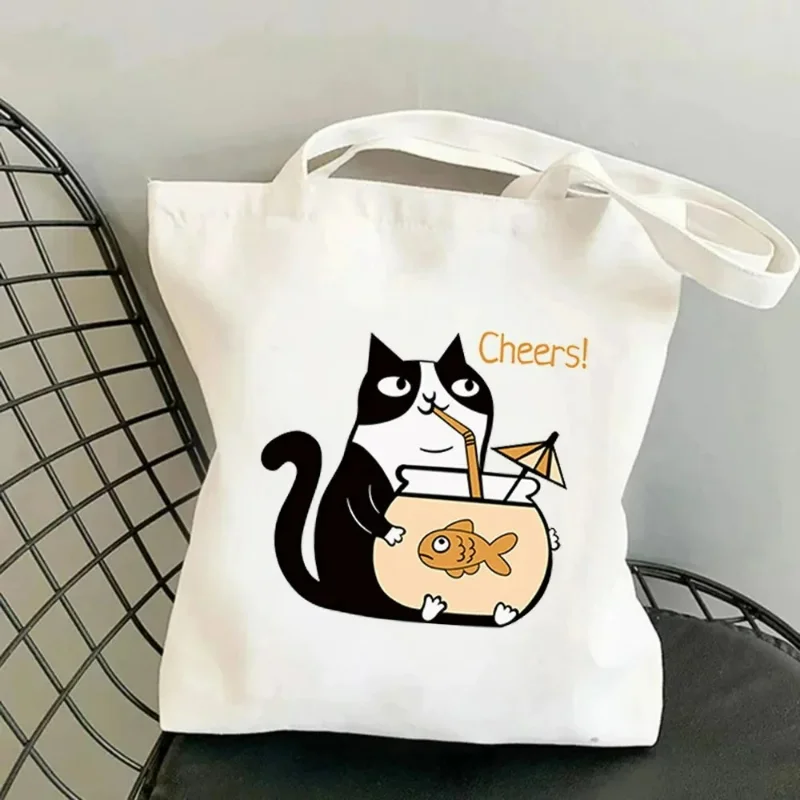 Funny Cartoon Cat Women Shoulder Bags Canvas Tote Bag Large Capacity No Zipper Shopping Shopper Handbag Lightweigh Girl Handbags