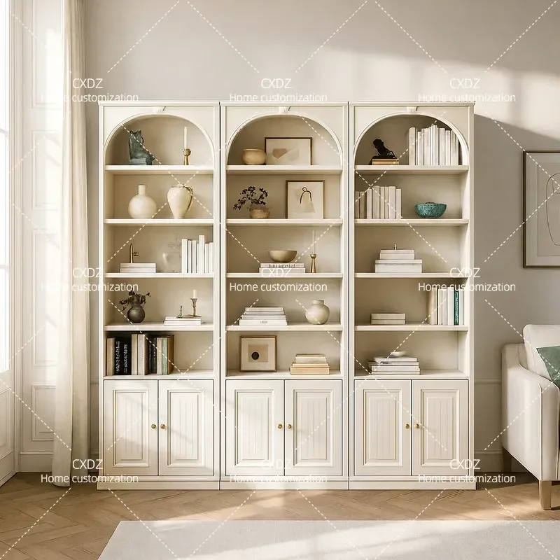 Pure Solid Wood American Cream Style Combination Bookcase with Arched Door Customizable for Study Living Room Display Cabinet