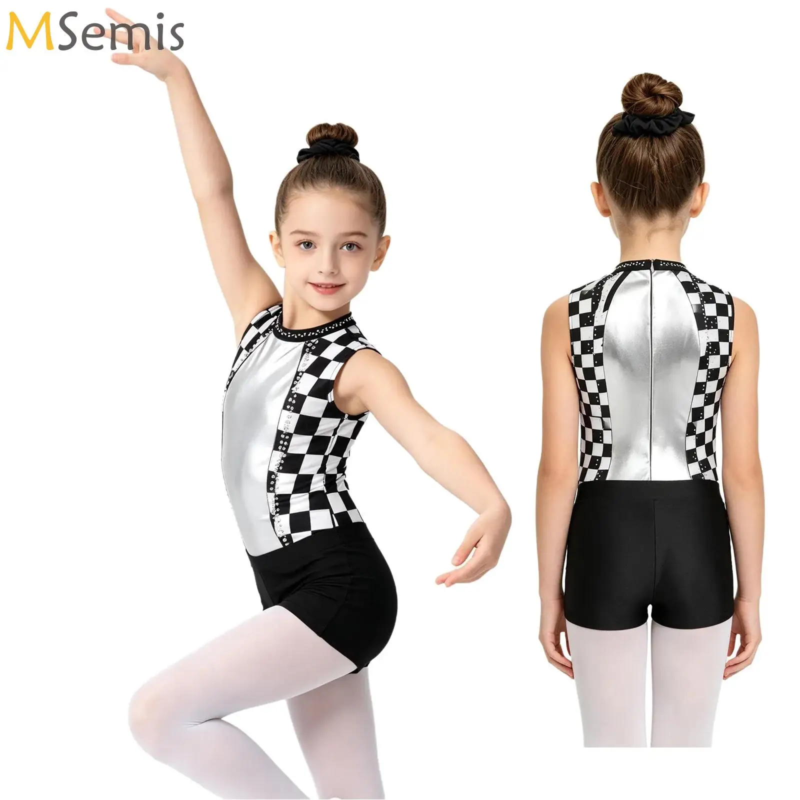 

Kids Girls Ballet Dance Outfits Sets Rhinestones Printed Leotard with Shorts Scrunchie for Dance Competition Gymnastics Workout