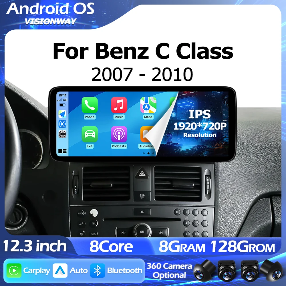 

Беспроводной Carplay Android 16, 12,3 дюйма, для Mercedes Benz C Class W204 2007-2010, интеллектуальный мультимедийный плеер, GPS, WIFI, 1920*720P