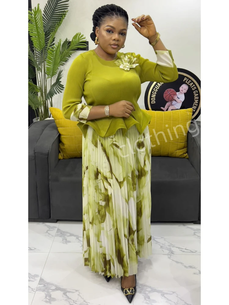 ANLAN A-line Skirts Pleated Set Women Fashion Ruffle Hem Flower Top + Long Folds Skirt Two Pieces Sets 2025 Spring New 2AN7905