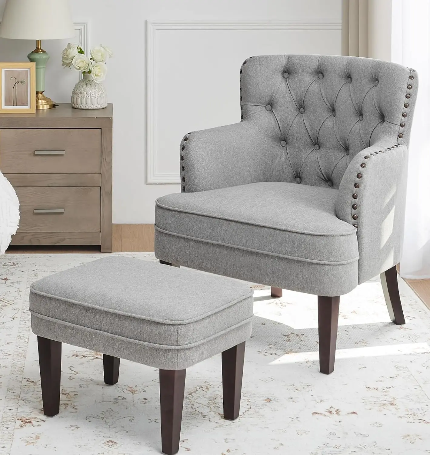 Accent Chair with Ottoman,Living Room Chair,Footrest Set Vintage Brass Studs,Button Tufted Upholstered Armchair,Reception (Grey)