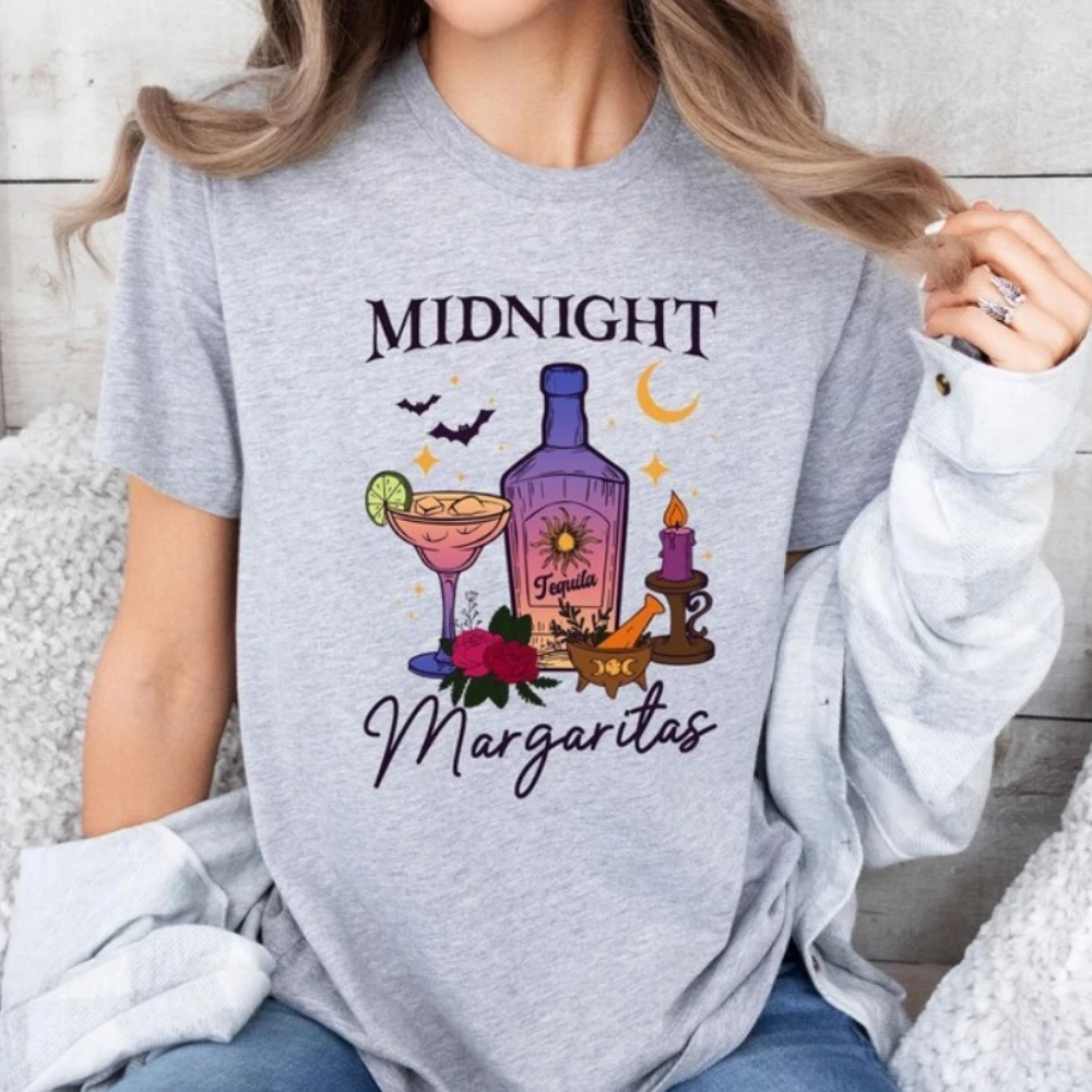 Midnight Margaritas Shirt Halloween Drinking T-Shirt Witchy Season TShirt Retro Halloween Tees Comfortable Personality Tops