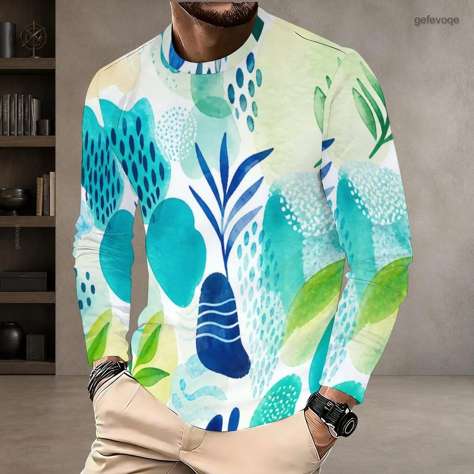 Printed T Shirt for Men Round Neck Long Sleeve Pullover Straight Hem