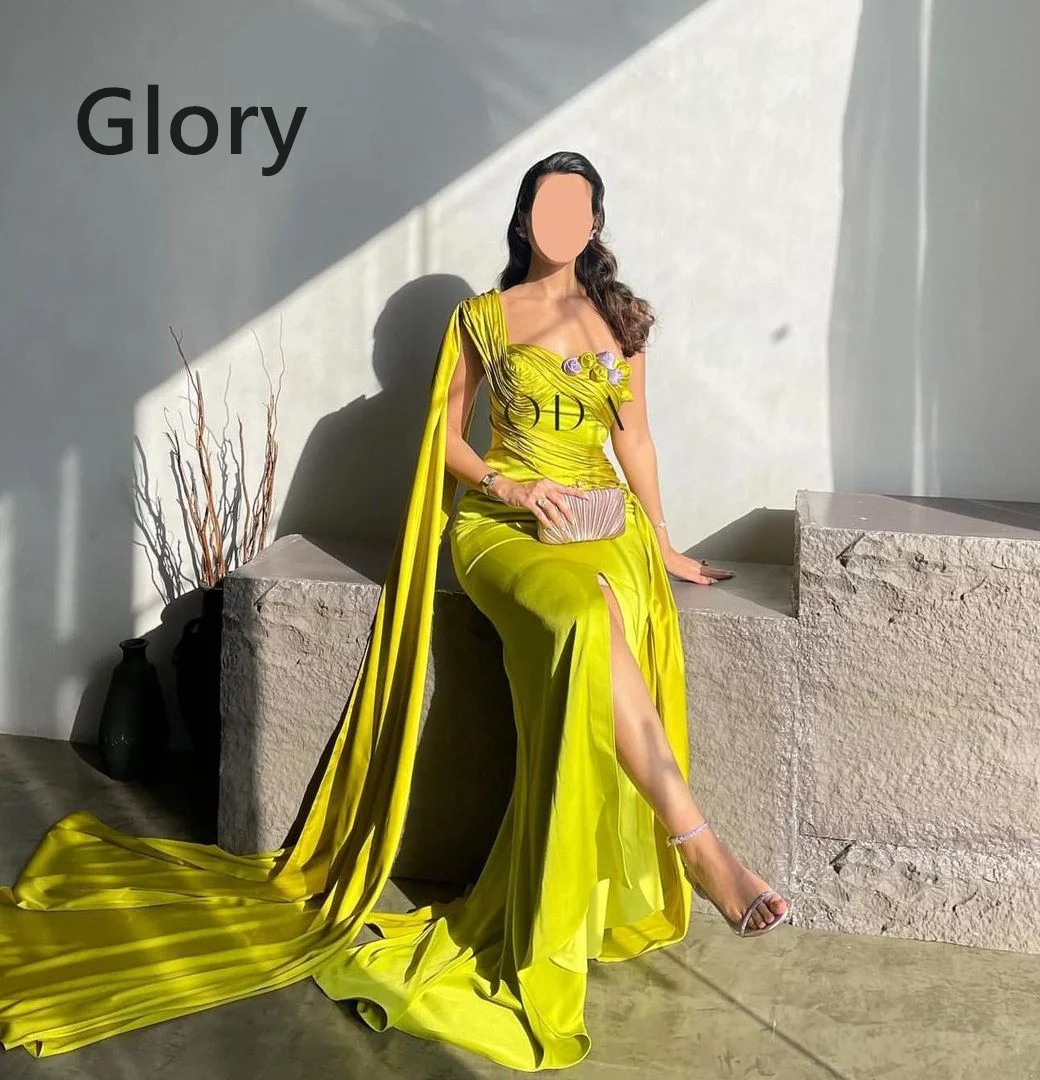 Flowers Strapless Prom Dresses Gala One Shoulder Evening Dress Yellow Applique High Side Split Saudi Arabia Formal Party Dress