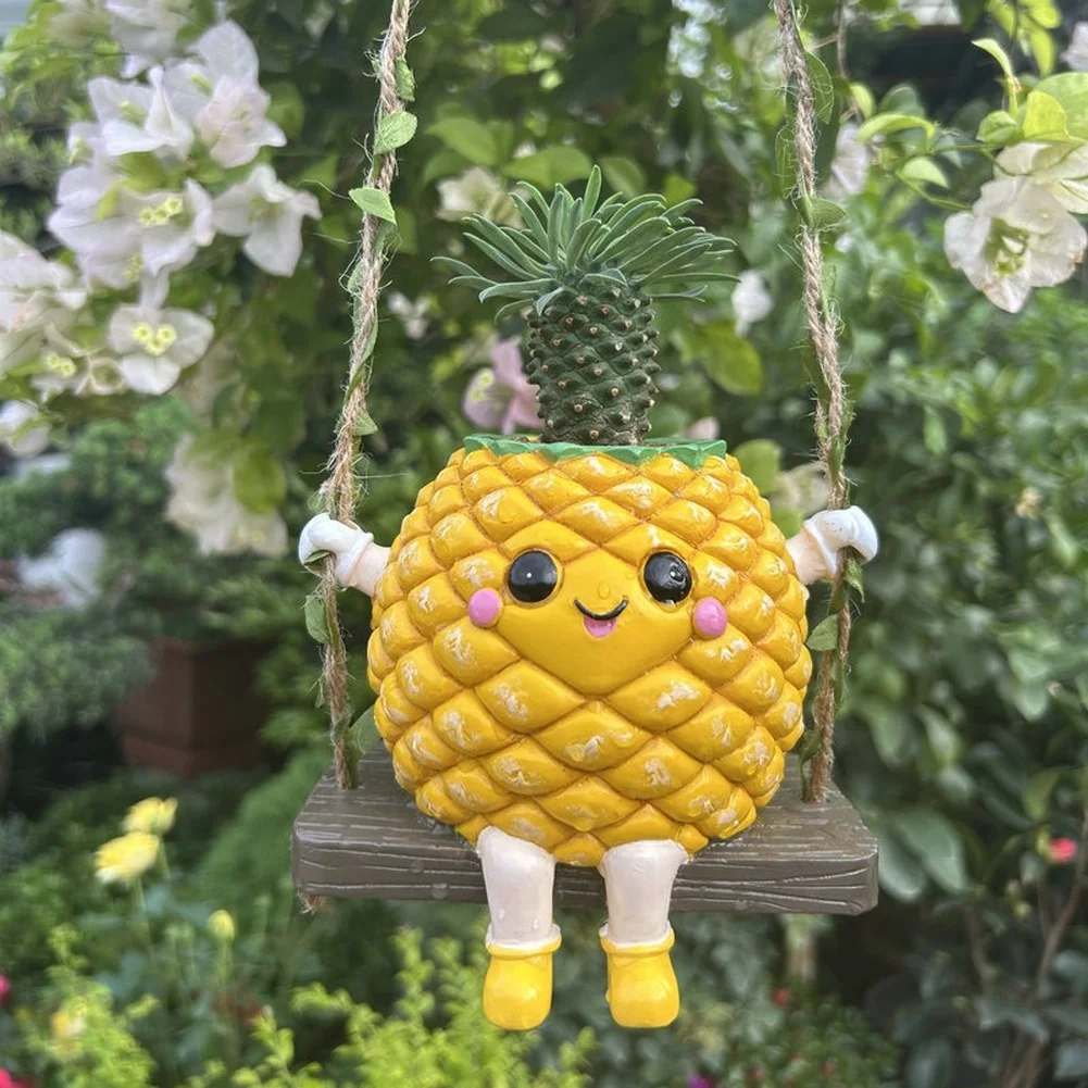 Yellow Resin Pineapple Hanging with Happy Face Design Flower Pot 13x10x12cm Tropical Succulent Decor Indoor Outdoor