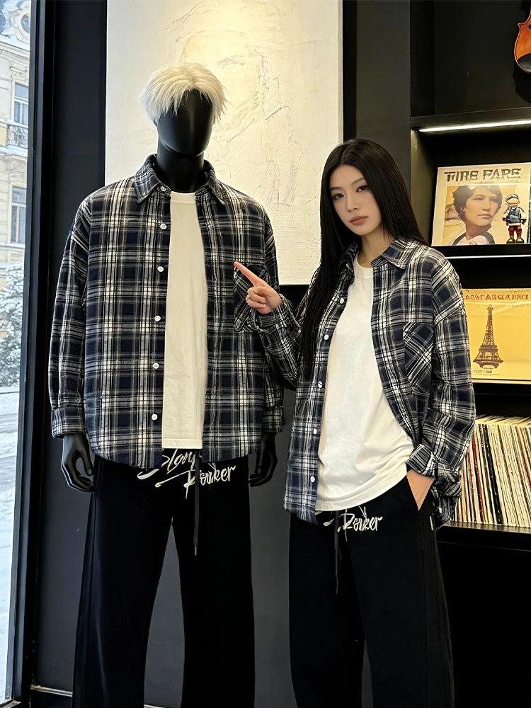 

Retro American Blue Plaid Long Sve Men's irt Spring Season High-End Feeling Layering Inner Wear Outerwear Jaet