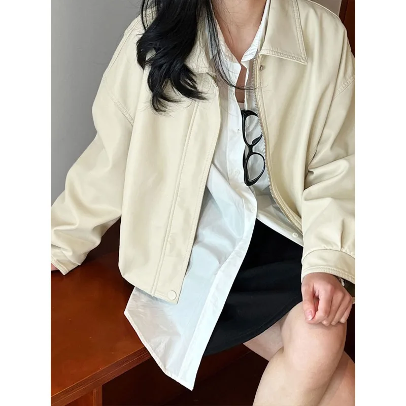 Yellow Size Short PU Leather Jacket Women's New Lapel Long Sleeve Coat Fashion Casual 2025 Spring Autumn Women Leather Jacket