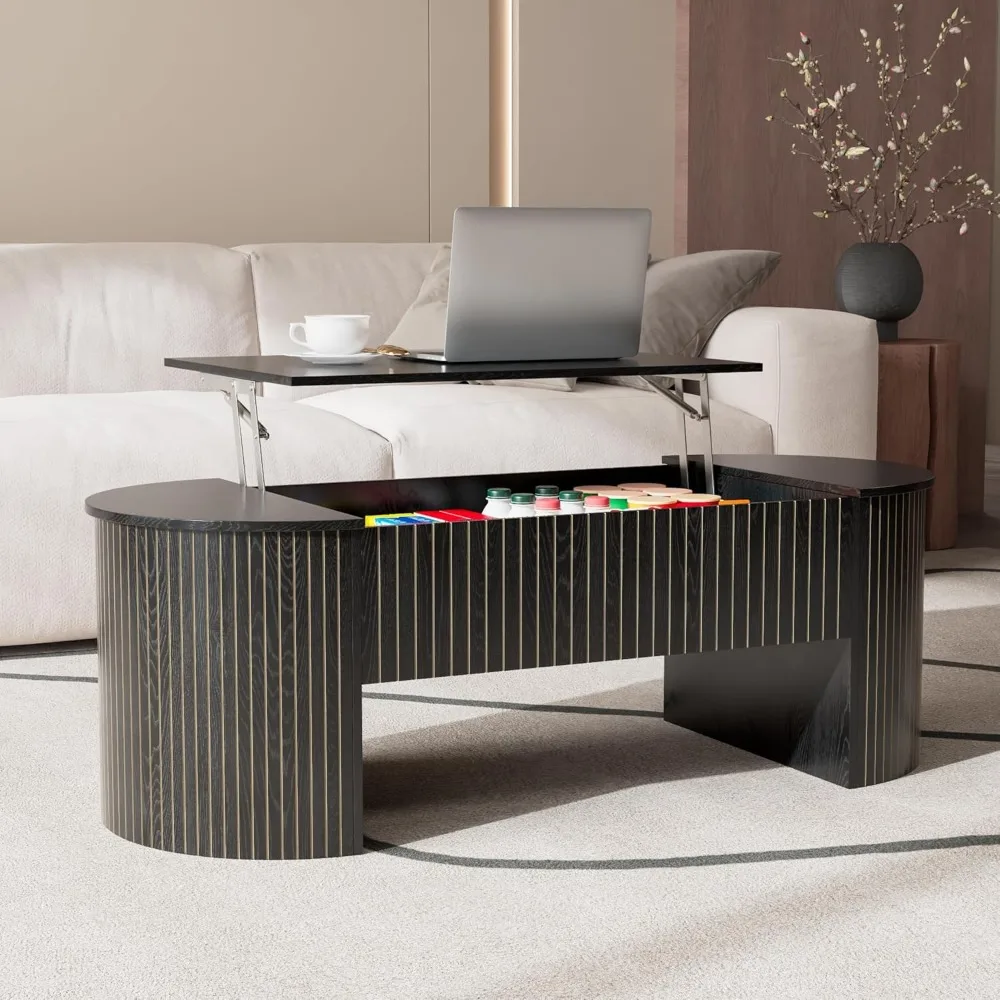 Grande mesa de centro de madeira preta de 47 polegadas com armazenamento oculto para modo de sala de estar