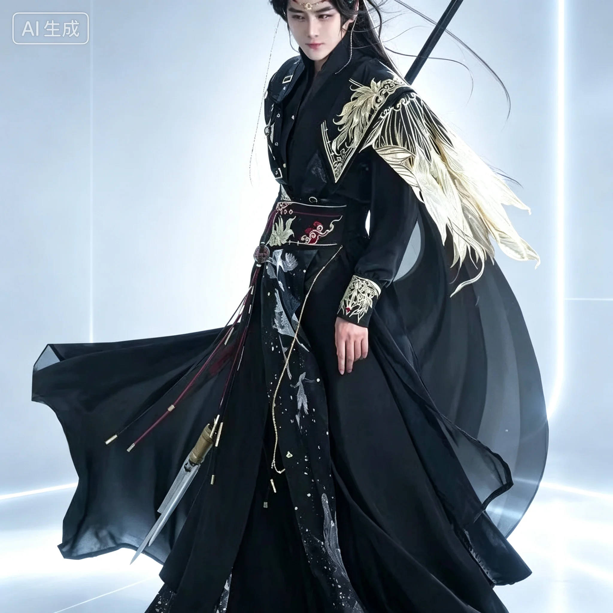 Stylish Black Gold Hanfu Cloak For Men Anime Young Master Cosplay Carnival Show Costume