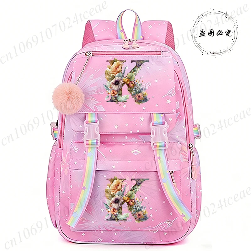 

Floral Monogram Initial Wildflowers Print Backpack Large Capacity Rucksack Zipper Knapsack Female Shoulder Bag Student Schoolbag
