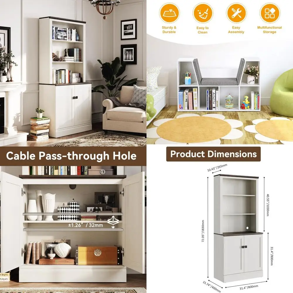 5단 조절 가능한 앤티크 화이트 우드 책장, 수납 캐비닛 포함, 가정 및 사무실용 높은 독립형 책장