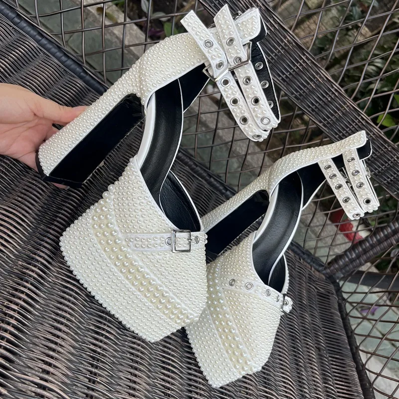 2024 sandali a punta con tacco spesso 14cm fatti a mano con perline 35-41 scarpe da donna con plateau impermeabile con tacco alto abito da sposa