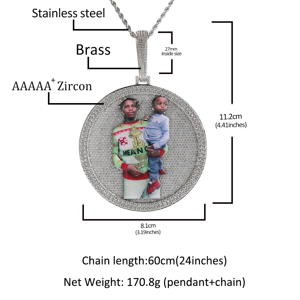 بلينغ الملك 3 أحجام ميدالية مستديرة مخصصة الذاكرة صور قلادة قلادة معبد تشيكوسلوفاكيا نقش الظهر الرجال النساء الهيب هوب مجوهرات