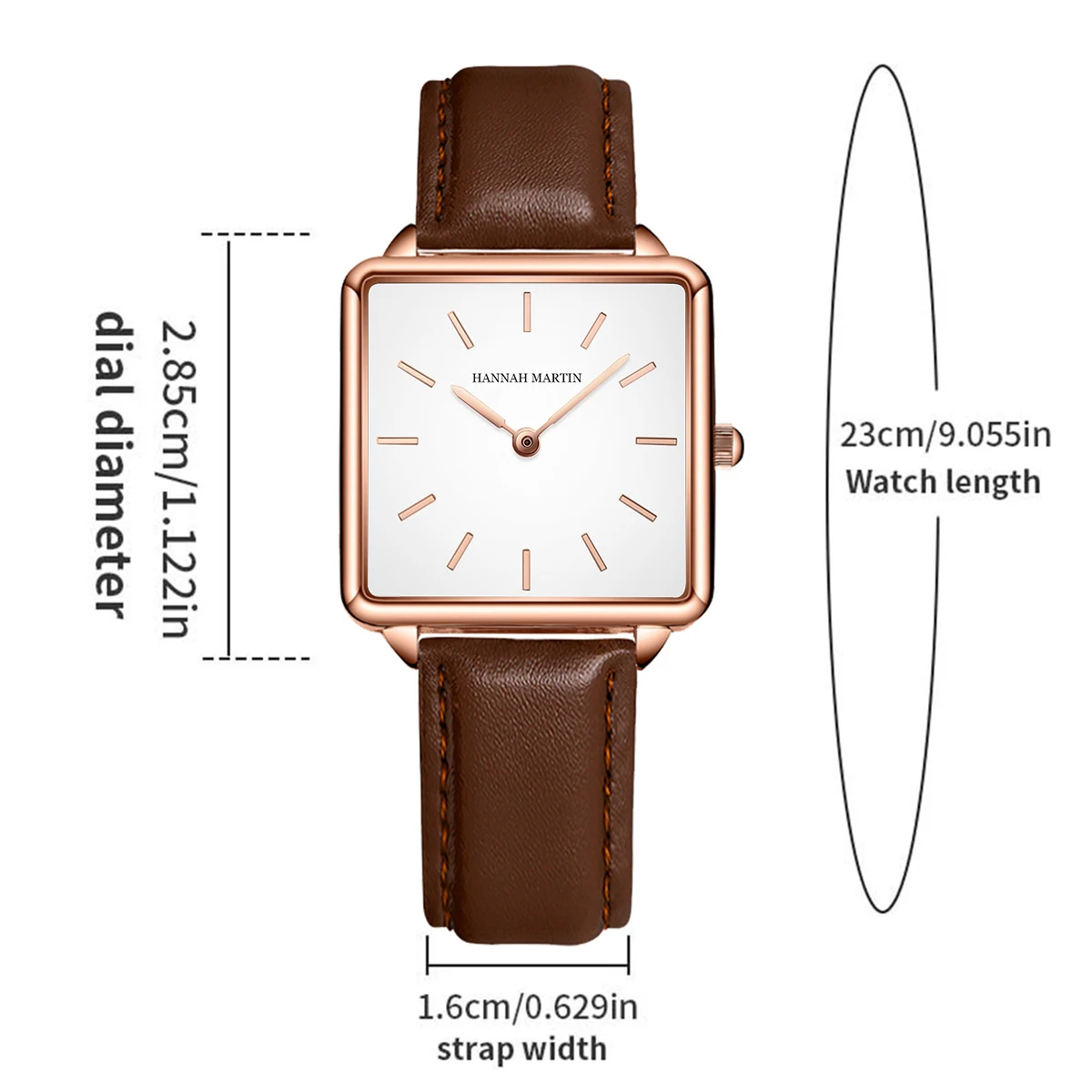 ساعة نسائية مربعة ماركة هانا مارتن مصنوعة من الجلد بتصميم بسيط وحركة كوارتز يابانية أصلية ساعات هدايا باللون الذهبي الوردي