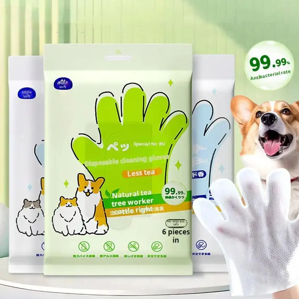 NEW High-end 6PCS Pet Wash Free Cleaning Gloves Pet Disposable Cleaning Gloves Stain Remover Dry Cleaning Wet Wipes For CAT DOG