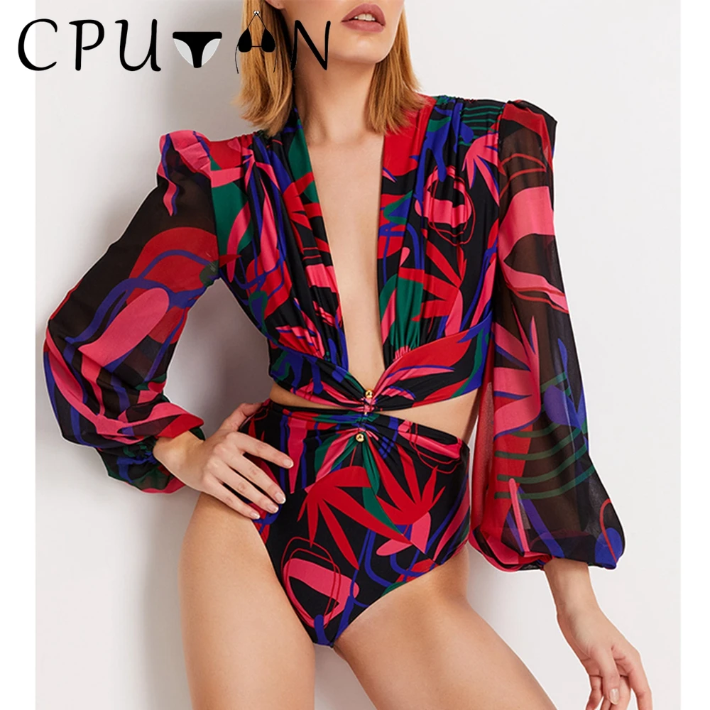 CPUTAN 2024 Sexy One Piece Swimwear Swimsuit High Waist Women Rash Guard Beachwear Print Push Up Brazilian Monokini Bathing Suit