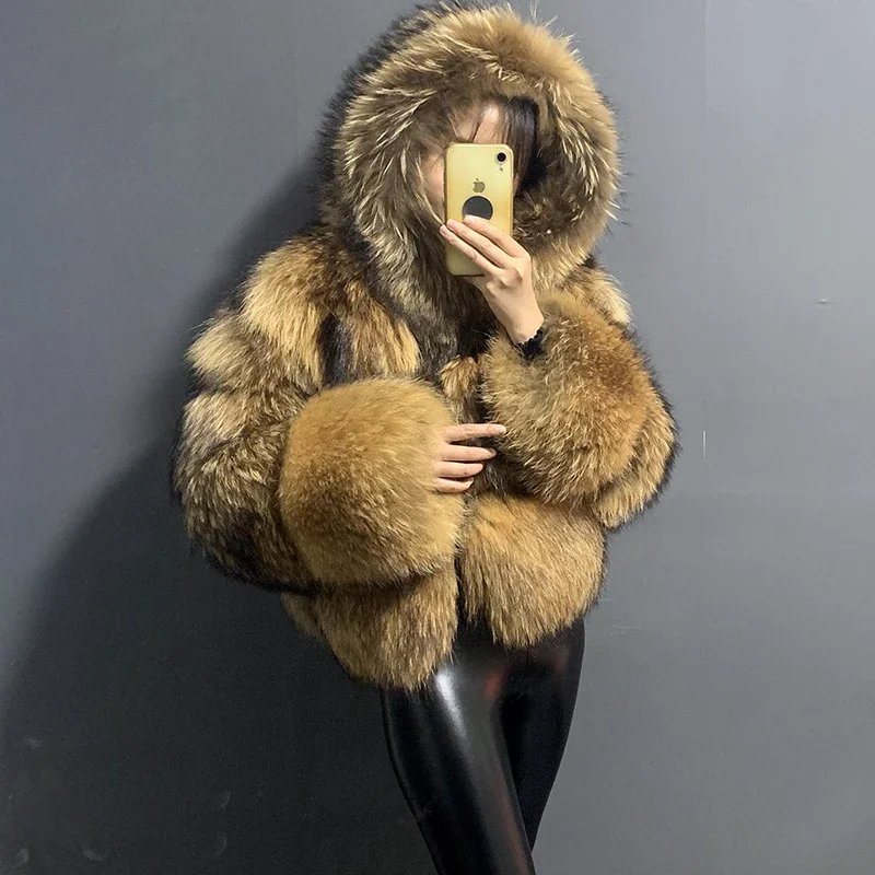 rf21132 Three Big Stripes Real Raccoon Fur Coat Women with Big Fur Hood Oversized