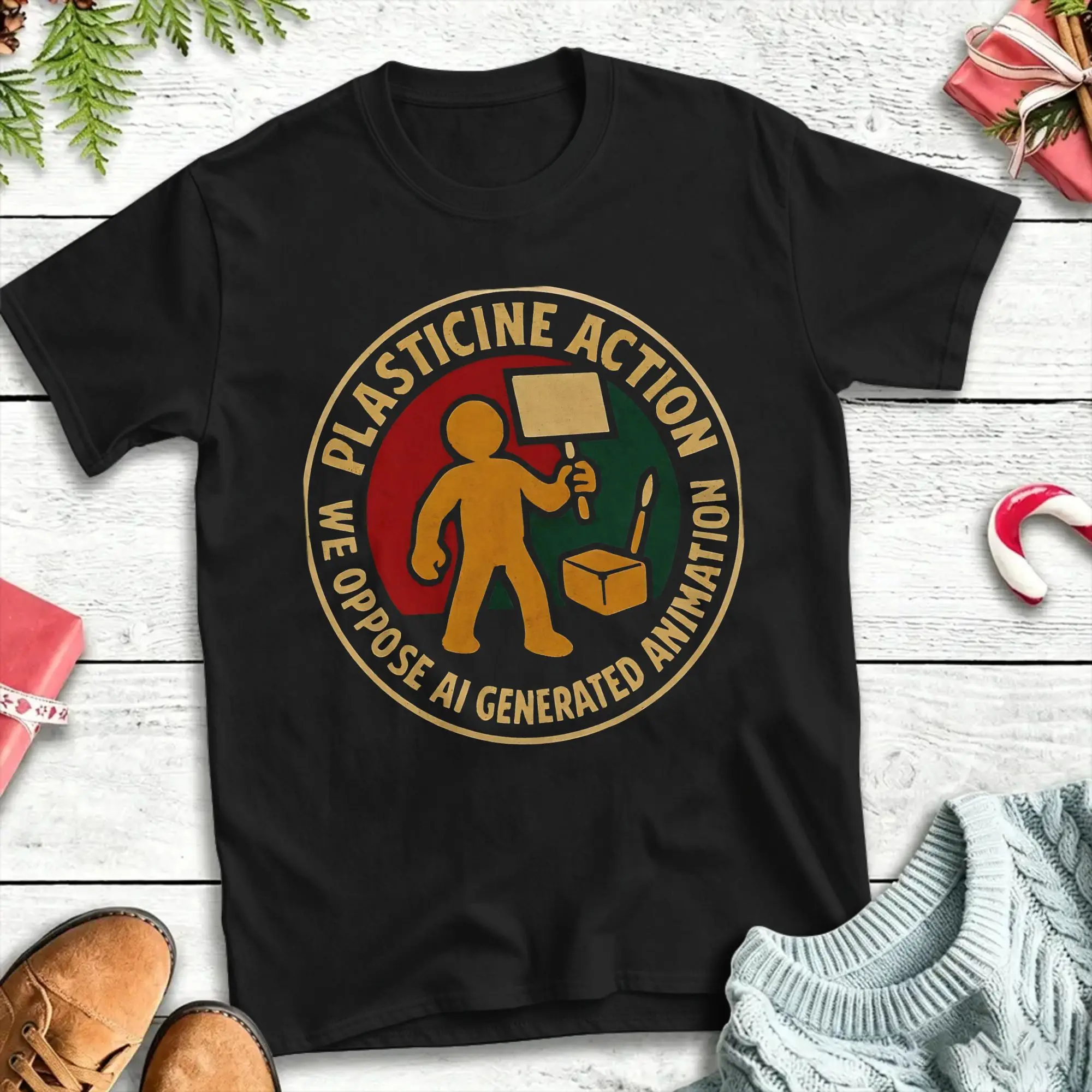 T-Shirts Plasticine Action We oppose AI generated animation Humorous Pure Cotton Tee Shirt T Shirt Round Neck Tops Summer
