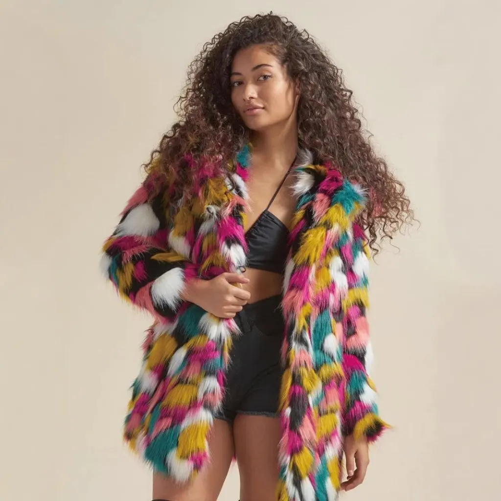 

Women's Mid-Length Hooded Imitation Fur Outwear Colorful Contrasting European American Style Fashion Outerwear