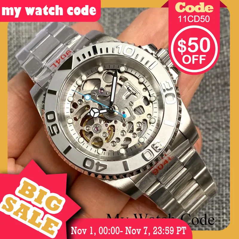 

20bar Waterproof Hollow-out Skeleton NH70 Watch for Men Steel Diver Luxury Clock Blue Hand Reloj Hombre 904L Bracelet