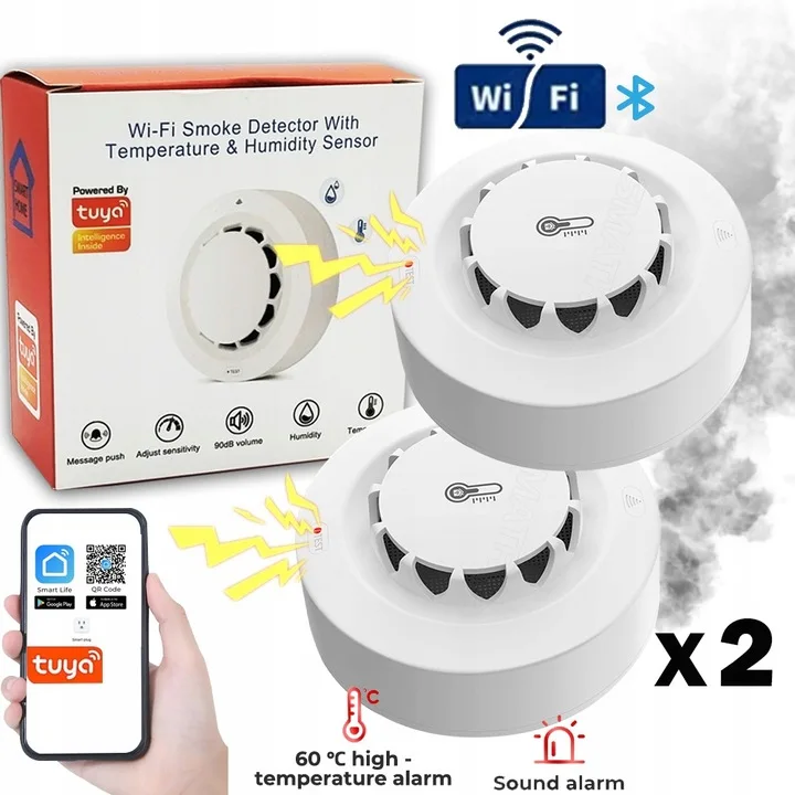 Temperatur- und Luftfeuchtigkeits-Rauchsensor, Feueralarm, Sicherheitssystem für die Küche zu Hause, TUYA WIFI, 2 Stk