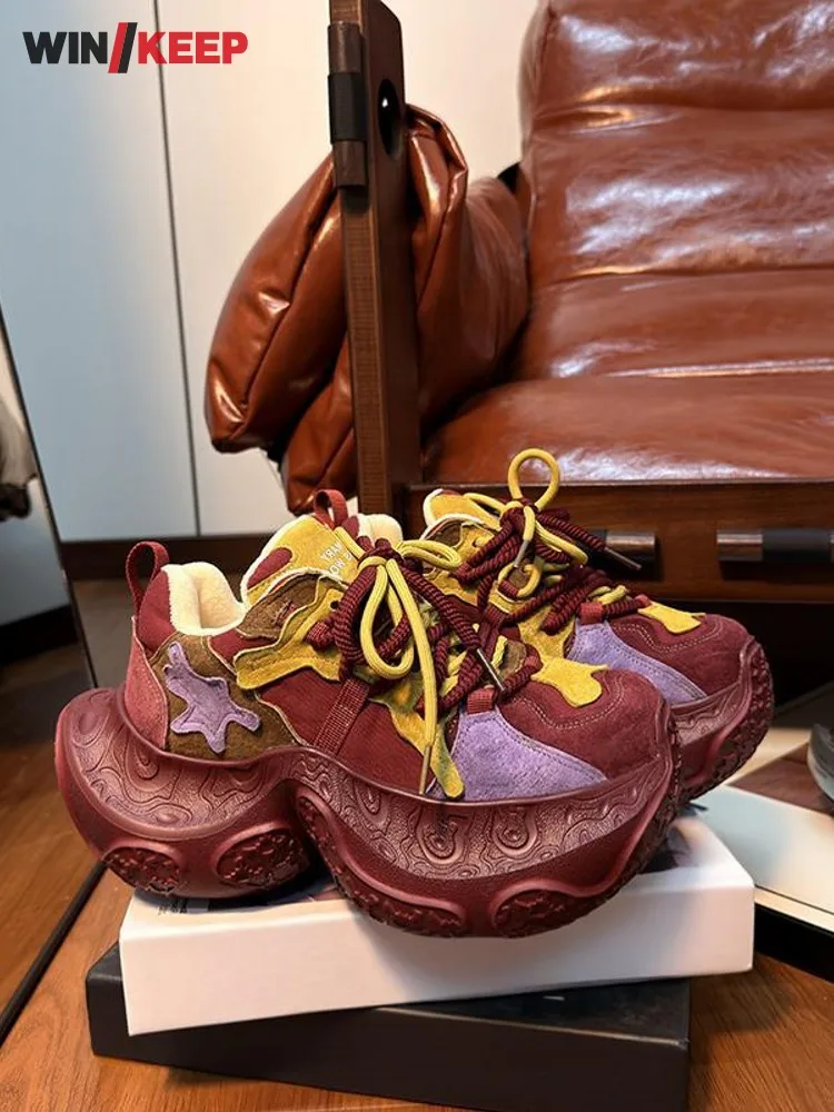 Outdoor Lady Height Increase Lace Up Breathable Colors Panelled Running Training Sneakers Sports Thick Platform Shoes Jogging