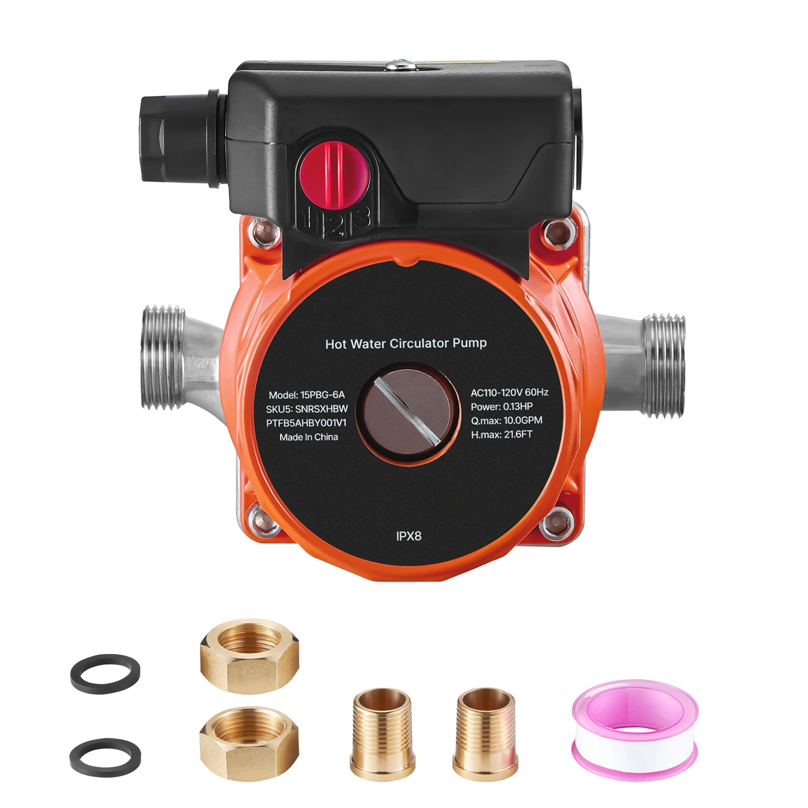 Hot Water Recirculating Pump, 10 GPM, 3-Speed Control, 0.13 HP, 110-120V, NPT 3/4 in to NPT 1/2 in Adapter, Instant Circulation Circulator Pump System, Stainless Steel Head, Designed for Water Heaters