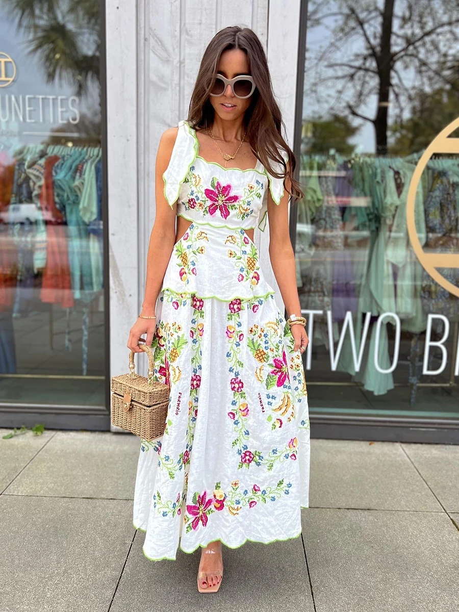 

Floral Embroidered White Midi Dresses Women Backless Lace-up A-line Vestidos Summer Elegant Casual Holiday Sleeveless long Dress