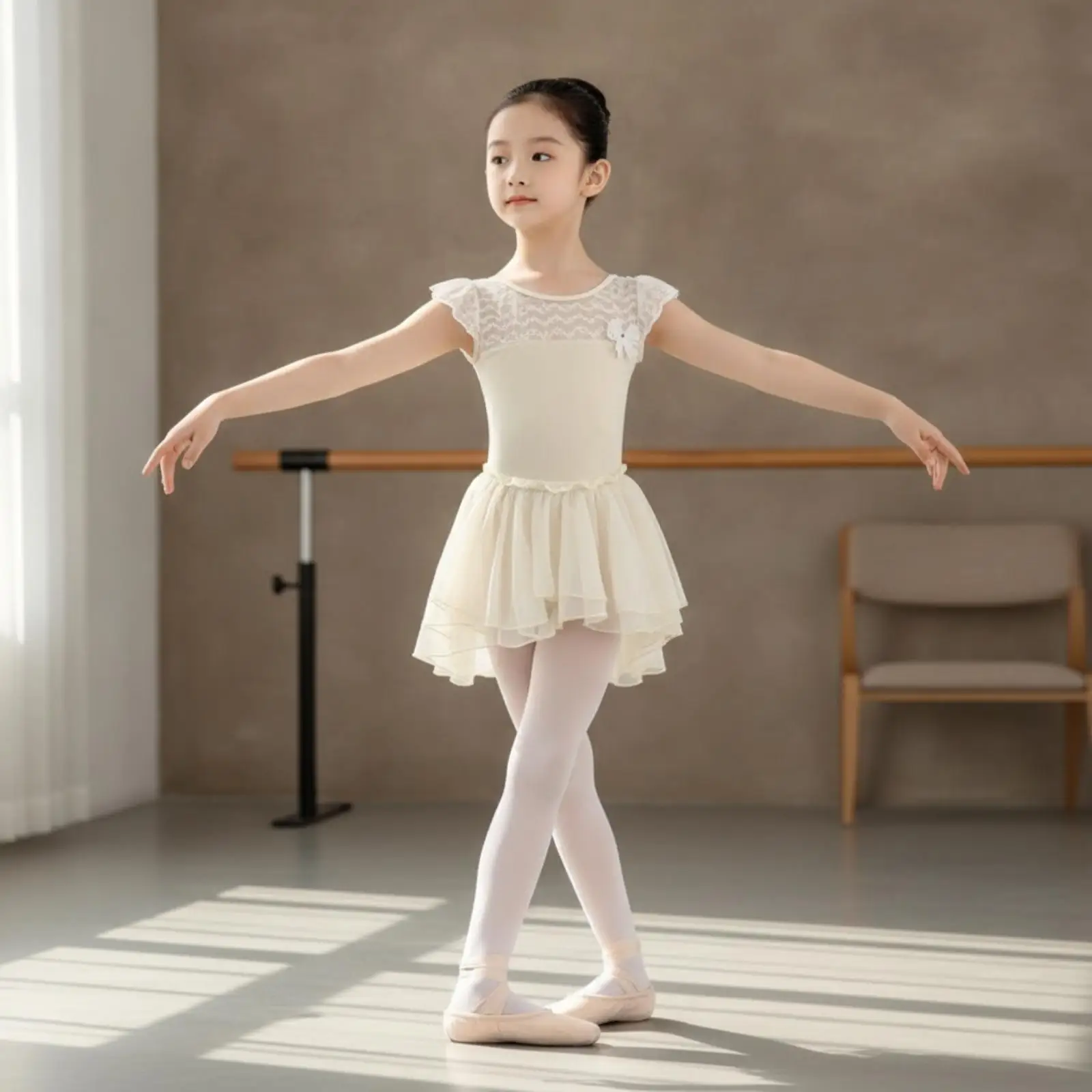 Girl Dancewear Set with Lace Bodice and Snap Crotch for Studio Practice Performance