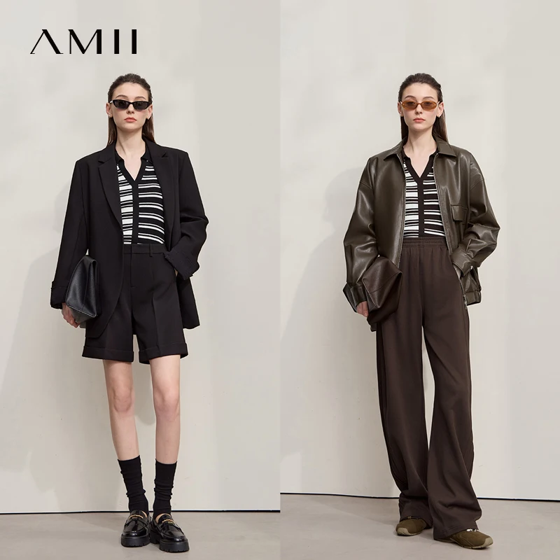 AMII Damski Sweter Jesień 2025 Nowa Odzież Damska Dekolt V Patchwork Paski Codzienny Dzianinowy Długi Rękaw Bluzki Dla Kobiet 12543158